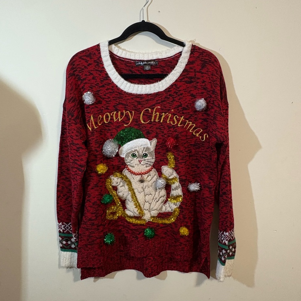 Ugly Women’s Christmas Sweater Holiday Party Large Meowy Christmas Cat tinsel